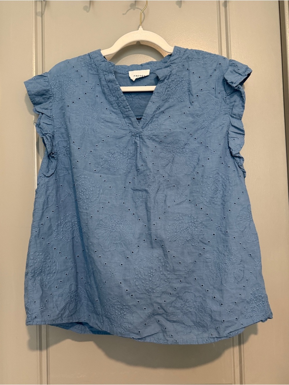 ANDREE BY UNIT Sky Blue Eyelet V-Neck Flutter Sleeve Cotton Blouse  - Size Large